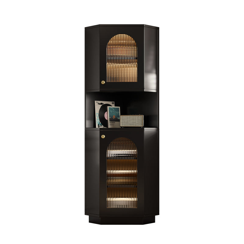 Badschrank mit Lichtleiste, Badmöbel, Eckschrank mit zwei Ablagefächern, offenes Fach mit verstellbaren Einlegeböden, 45x 45 x 166,5 cm, schwarz