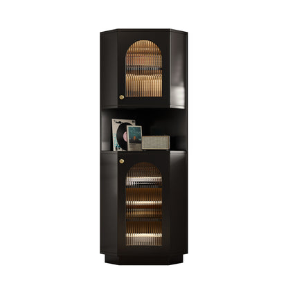 Badschrank mit Lichtleiste, Badmöbel, Eckschrank mit zwei Ablagefächern, offenes Fach mit verstellbaren Einlegeböden, 45x 45 x 166,5 cm, schwarz