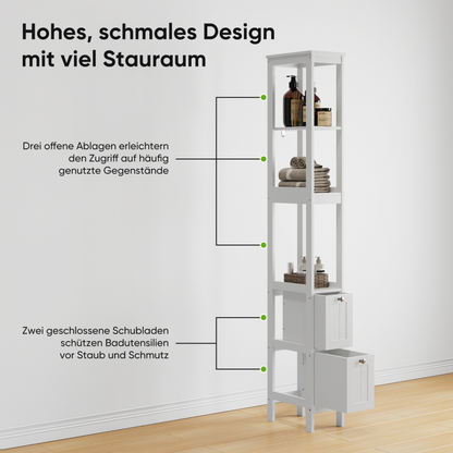 Schmaler Hochschrank, Badezimmerschrank mit 2 Schubladen und 3 Einlegeböden, 20Lx30Bx160Hcm, Weiß