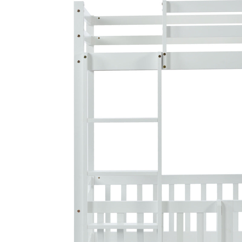 Etagenbett mit rechtwinkliger Treppe, Bett mit Zäune und Türchen, Kinderbett mit Fallschutz und Gitter, Massivholz, weiß (200x90cm)