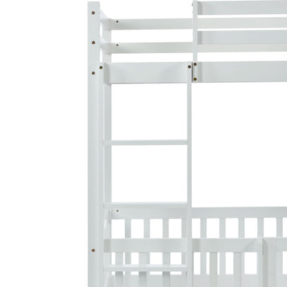 Etagenbett mit rechtwinkliger Treppe, Bett mit Zäune und Türchen, Kinderbett mit Fallschutz und Gitter, Massivholz, weiß (200x90cm)