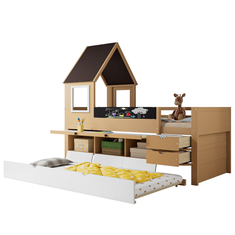 Etagenbett, Baumhausbett mit Schubladen und Ausziehbett, Mit Ausziehtisch, Reichlich Stauraum, Holzbett mit Fenster, Rahmen aus Kiefer, Graffiti-Tafel, Kiefer+MDF, weiß+Natur, 90x200&90*190cm