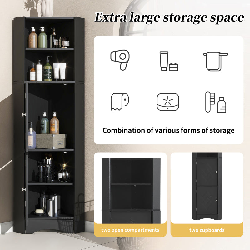 Badschrank, Badmöbel, Eckschrank mit zwei Ablagefächern, offenes Fach mit verstellbarem Einlegeboden, 36.5x 36.5 x 155 cm, schwarz