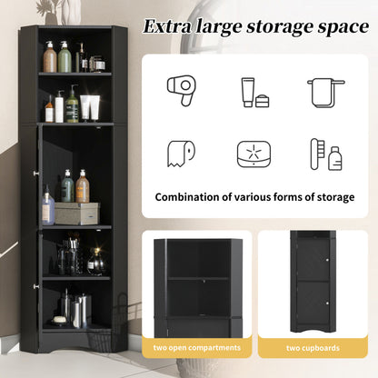 Badschrank, Badmöbel, Eckschrank mit zwei Ablagefächern, offenes Fach mit verstellbarem Einlegeboden, 36.5x 36.5 x 155 cm, schwarz