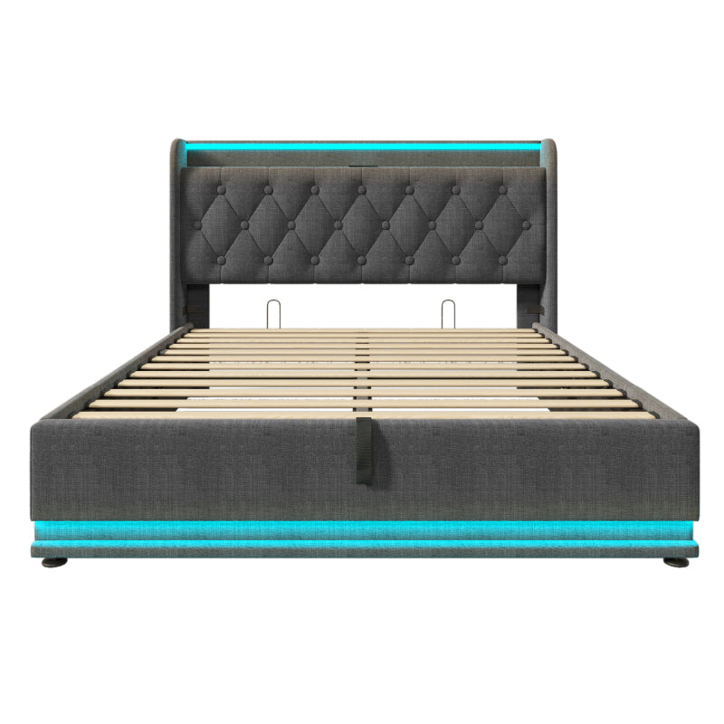 Polsterbett Doppelbett, 360-Surround-LED-Funktion, Drucktaste/App/Fernbedienung,160*200 cm,Grau Leinen-Material Hydraulisches Lagerbett, gepolstertes Kopfteil mit USB Typ-C Ladefunktion(Ohne Matratze)