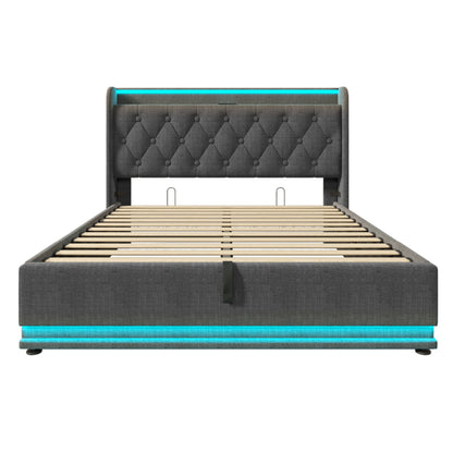 Polsterbett Doppelbett, 360-Surround-LED-Funktion, Drucktaste/App/Fernbedienung,160*200 cm,Grau Leinen-Material Hydraulisches Lagerbett, gepolstertes Kopfteil mit USB Typ-C Ladefunktion(Ohne Matratze)