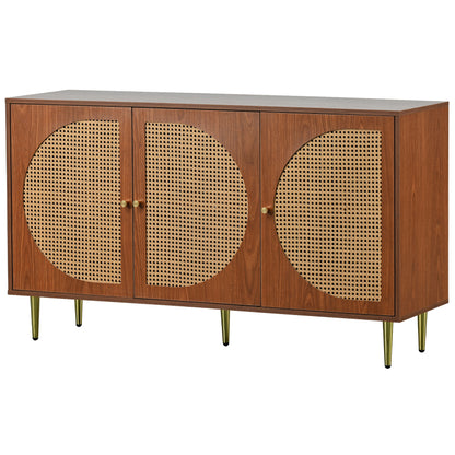 Sideboard mit 3 Rattan verzierten Türen Kommode Highboard mit Metallgriffe, für Schlafzimmer & Wohnräume & Büro, Nussbaum 129.8x 40x 76cm