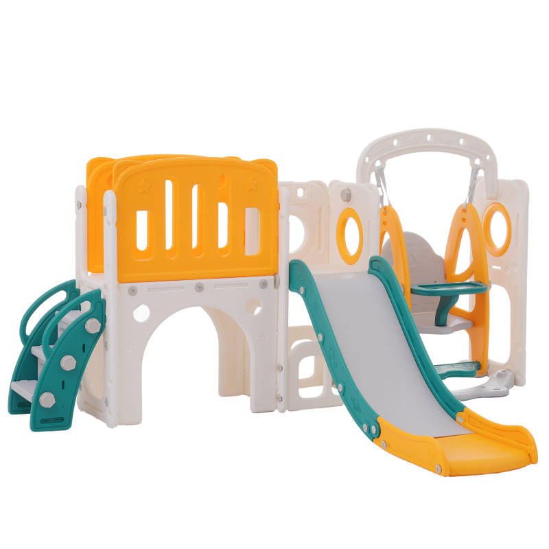 7-in-1-Rutsche für Kinder, bestehend aus Rutsche, Schaukel, Plattform, Unterschrank, Lochbohrspiel, Basketballkorb und Treppe - hochdichtes Polyethylen (Ozeanball nicht enthalten)
