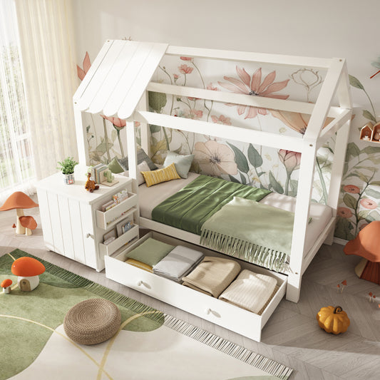 Hausbett Kinderbett 90x200 cm aus Massivholz mit Schubladen & abnehmbarem Nachttisch - Bodenbett in Weiß, ohne Matratze