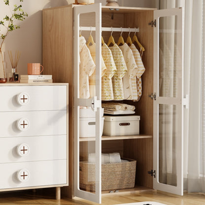 Kinder Kleiderschrank, zweitüriger Glastür-Schrank mit Kleiderstange und verschiebbaren Regalen, Keks-Form-Holzgriffen, weiß+natürliches Holz