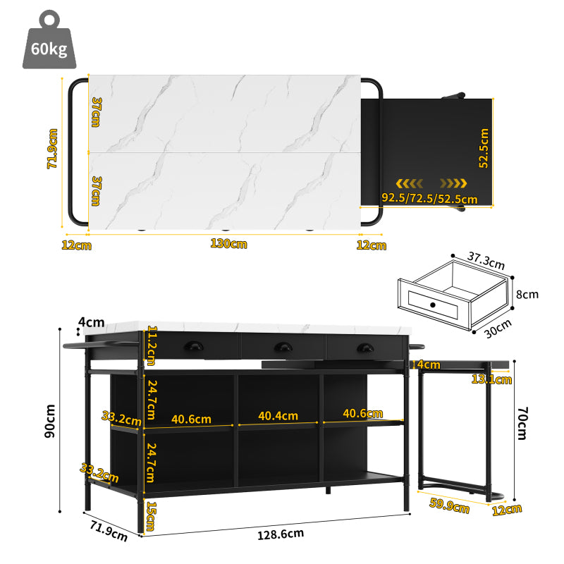 Kücheninseln, Ausziehbare Kunstmarmorplatte Industrial mit 3-Schubladen, Multifunktionales Küchen- und Esszimmer-Möbel, Kücheninsel Küchenregal Küchewagen Sideboard, MDF Arbeitsplatte Küche Regal