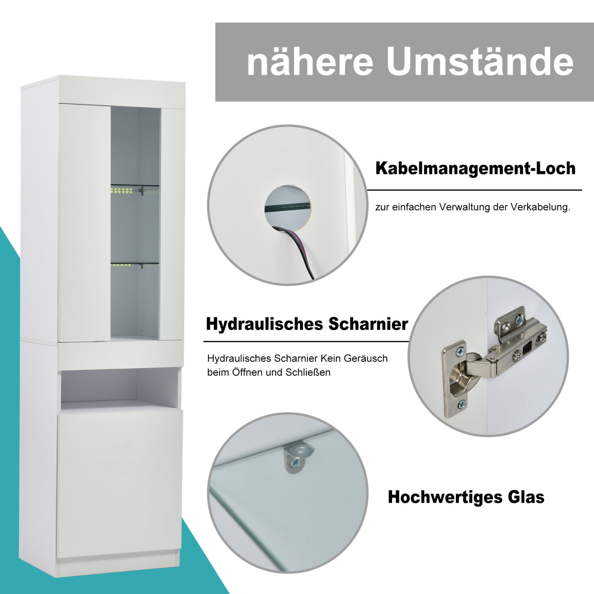 Schwarze LED-Vitrine mit 2 Glastüren - Standvitrine inkl. Beleuchtung, Freistehender Schrank für Wohnzimmer, Buffetschrank & Sammlervitrine, Weiß