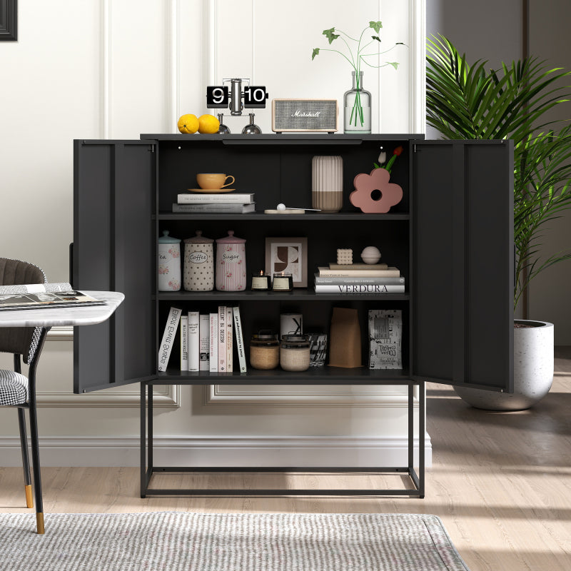 Metall-Sideboard,Lagerschrank– 2 Regale, freistehender Stahlschrank, Magnettüren, Anti-Kipp-Sicherung, Wohnzimmer, Küche, Büro, Schwarz, H 109 cm × B 85 cm × T 40 cm