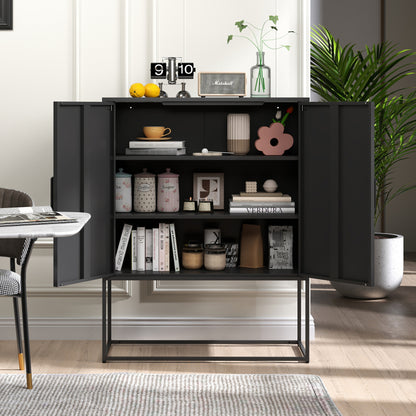 Metall-Sideboard,Lagerschrank– 2 Regale, freistehender Stahlschrank, Magnettüren, Anti-Kipp-Sicherung, Wohnzimmer, Küche, Büro, Schwarz, H 109 cm × B 85 cm × T 40 cm