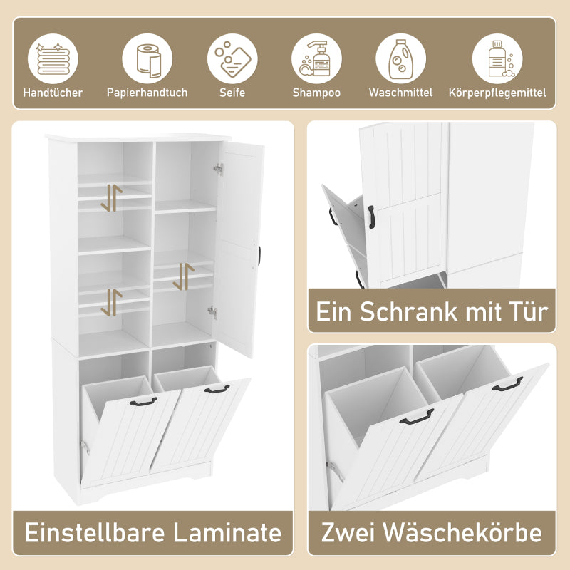 78 x 35 x 172 cm Badezimmerschrank, feuchtigkeitsbeständige Farbe, doppelter Wäschekorb, vier offene Fächer, eine Tür, drei Fächer in der Tür, verstellbare Regale, viel Stauraum, weiß