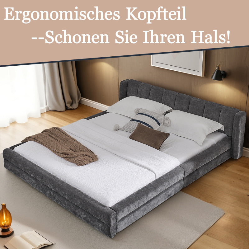 Doppelbett 140×200 cm, Chenille Stoff, komfortable Rückenlehne, robustes Eukalyptus und Eisengestell, einfach zu montieren, Dark Gray (ohne Matratze)