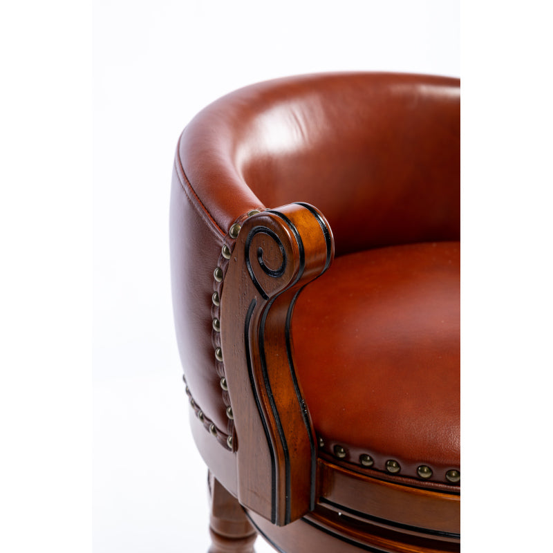 Barhocker aus Holz mit Kuhfell-Obermaterial, 360-Grad-Drehstuhl in Barhöhe mit Rückenlehne, Brown+Seat height 75cm