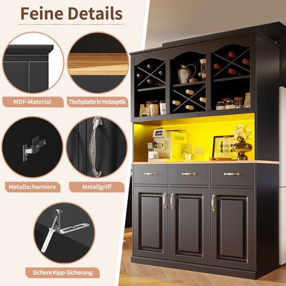 Küchenschrank 120x180cm LED, Hohes Buffet Schwarz, 3 Türen & 3 Schubladen, App-Steuerung, MDF Mehrzweckschrank