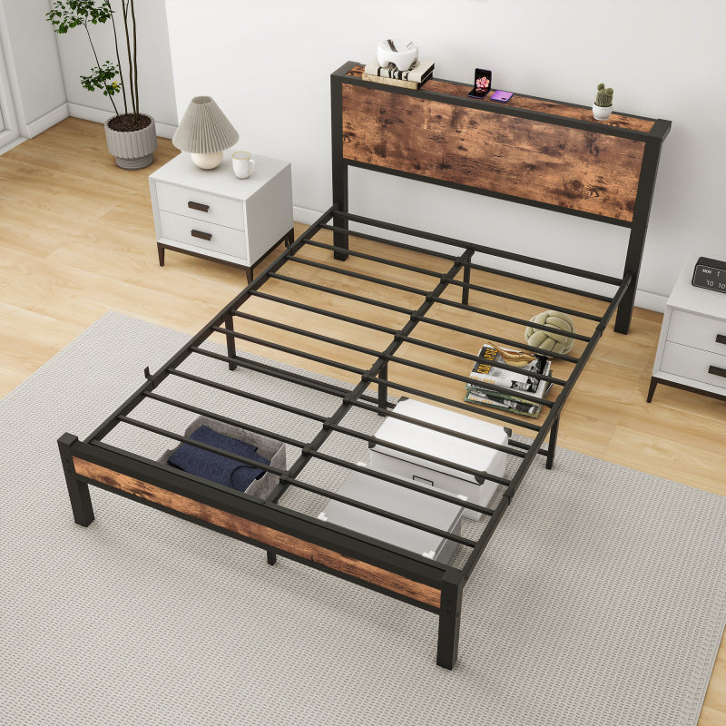140x200 cm Metallgestell mit Stauraum-Kopfteil, Einzelnes Metall-Plattformbettgestell, Geräuschfrei, Metalluntergestell, Ohne Boxspring Notwendig, Vintage Braun