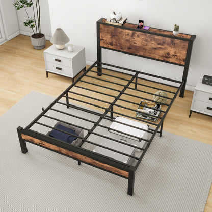 140x200 cm Metallgestell mit Stauraum-Kopfteil, Einzelnes Metall-Plattformbettgestell, Geräuschfrei, Metalluntergestell, Ohne Boxspring Notwendig, Vintage Braun