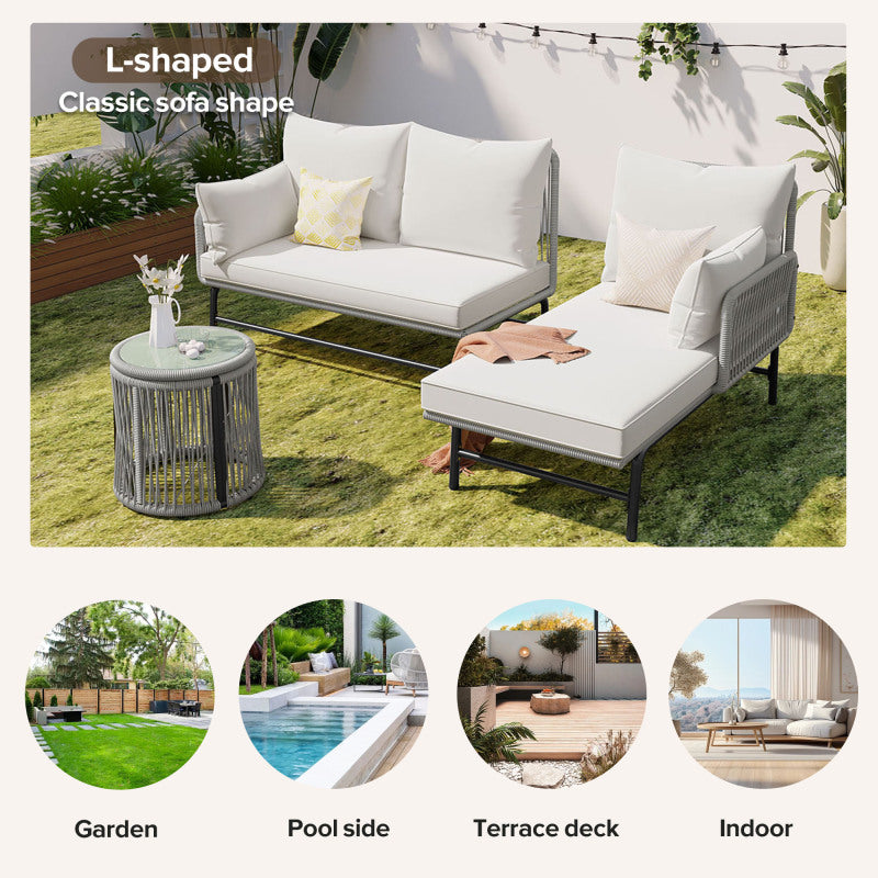 Gartenlounge-Set, Gartenmöbel-Set, Mit Eisenrahmen und grauem Seil, Gartenmöbel aus gewebtem Seil für den Außenbereich, Grau, Zwei Sessel, zwei 2-Sitzer-Sofas und zwei Tische (alle Kissen inklusive)