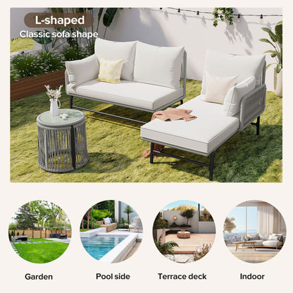Gartenlounge-Set, Gartenmöbel-Set, Mit Eisenrahmen und grauem Seil, Gartenmöbel aus gewebtem Seil für den Außenbereich, Grau, Zwei Sessel, zwei 2-Sitzer-Sofas und zwei Tische (alle Kissen inklusive)