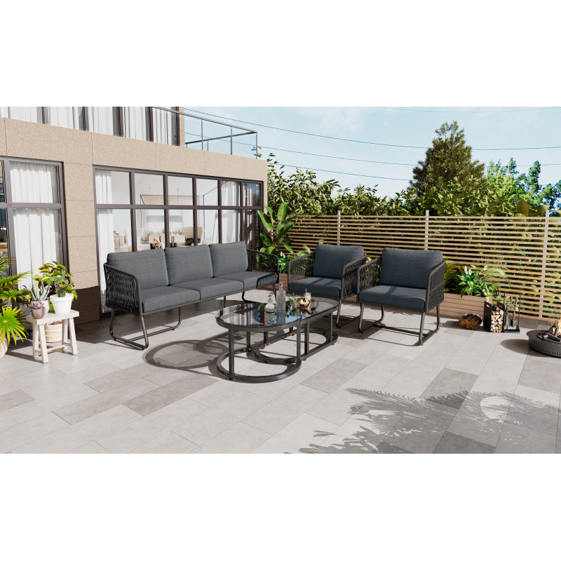Garten-Lounge-Set mit Rahmen aus verzinktem Eisen, Gartenmöbel-Set aus Seil, graues Seil, verstellbare Füße, Tischplatte aus glattem Glas, 5er-Set, inklusive aller Sitz- und Rückenkissen