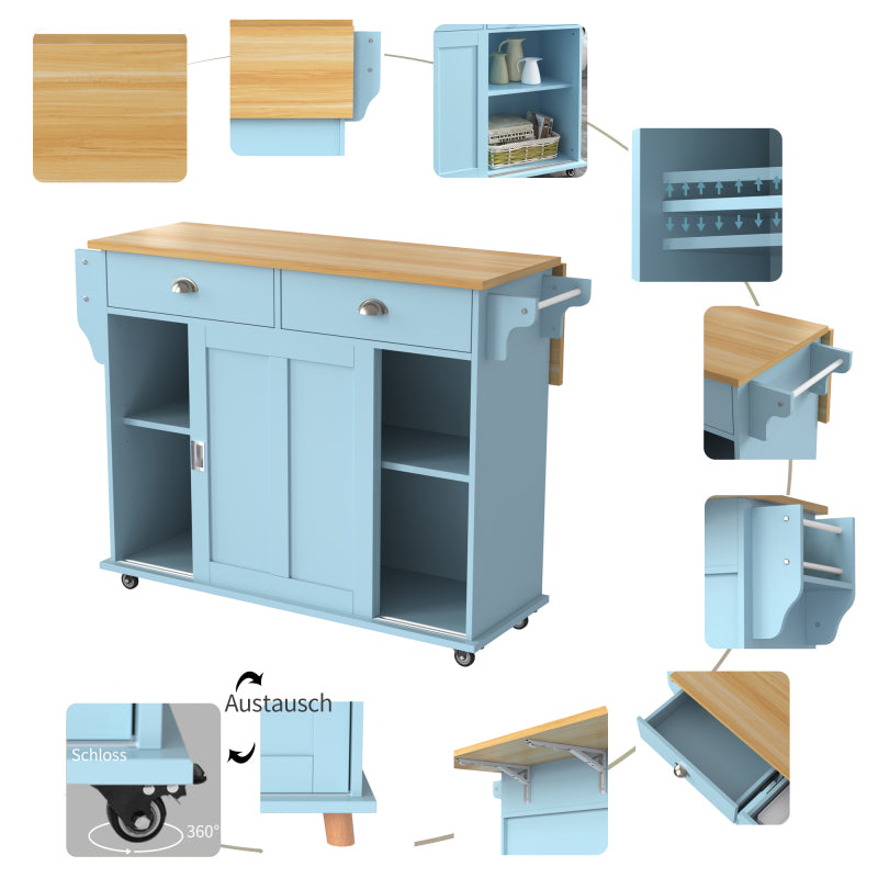 Esswagen/Anrichte, 112x40(70)x94 cm, Blau, Klappbare Massivholzoptik-Arbeitsplatte, mit Ablagetür, Rollen & Auswechselbaren Massivholzfüßen, für Küche & Esszimmer