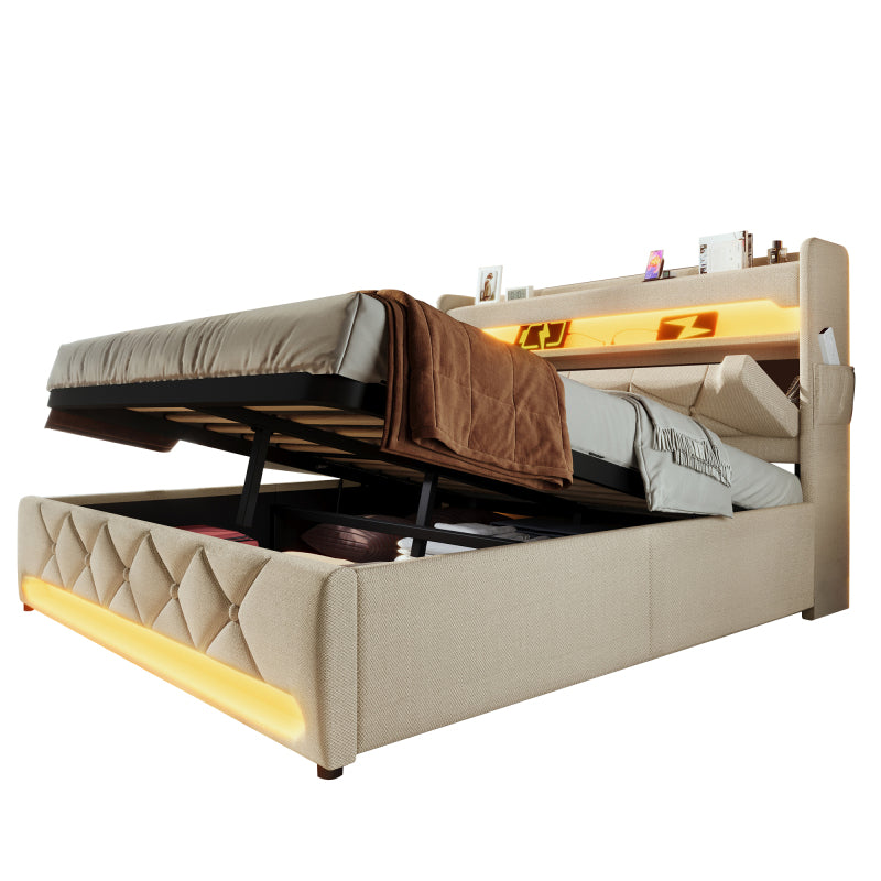 Polsterbett Doppelbett 160*200, Stauraum Kopfteil mit USB und Typ C-Port ,360-Surround-LED-Funktion rund um Kopf- und Fußende des, Betten mit Hydraulisch Stauraum, Beige , Leinen(Ohne Matratze)
