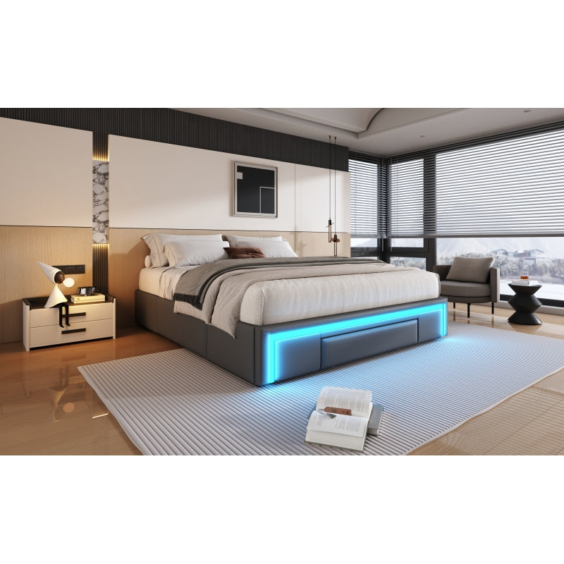 Bettgestell 160X200 mit Schubladen, PU-Leder Bett ohne Kopfteil Mit LED-Lichtleiste, MetalllattenPlattformbett für moderne Schlafzimmer Grau