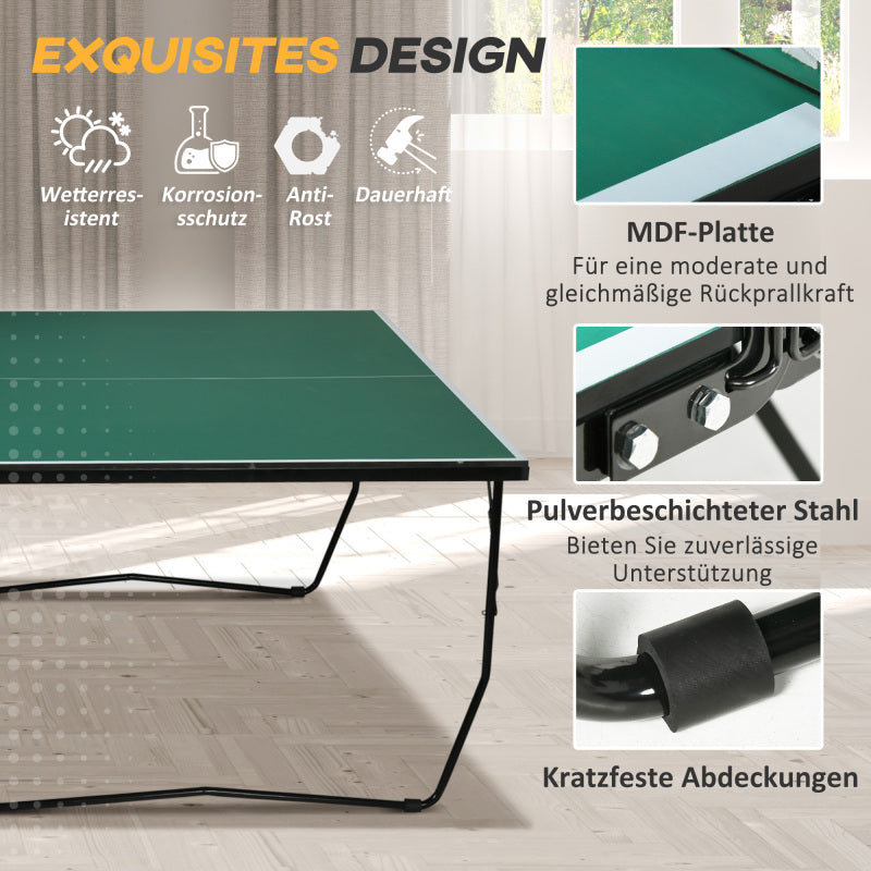SPORTNOW Indoor Tischtennisplatte mit Rollen, Tischtennistisch Klappbar, Tischtennisspiel-Set mit 2 Tischtennisschlägern, 3 Bällen, Stahl, Grün