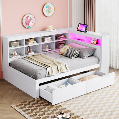 Massivholz-Einzelbett 90x200 Weiß mit LED & USB-Steckdose - Multifunktionales Schlafsofa mit Regalen, Ablagefächern & viel Stauraum, Weiß