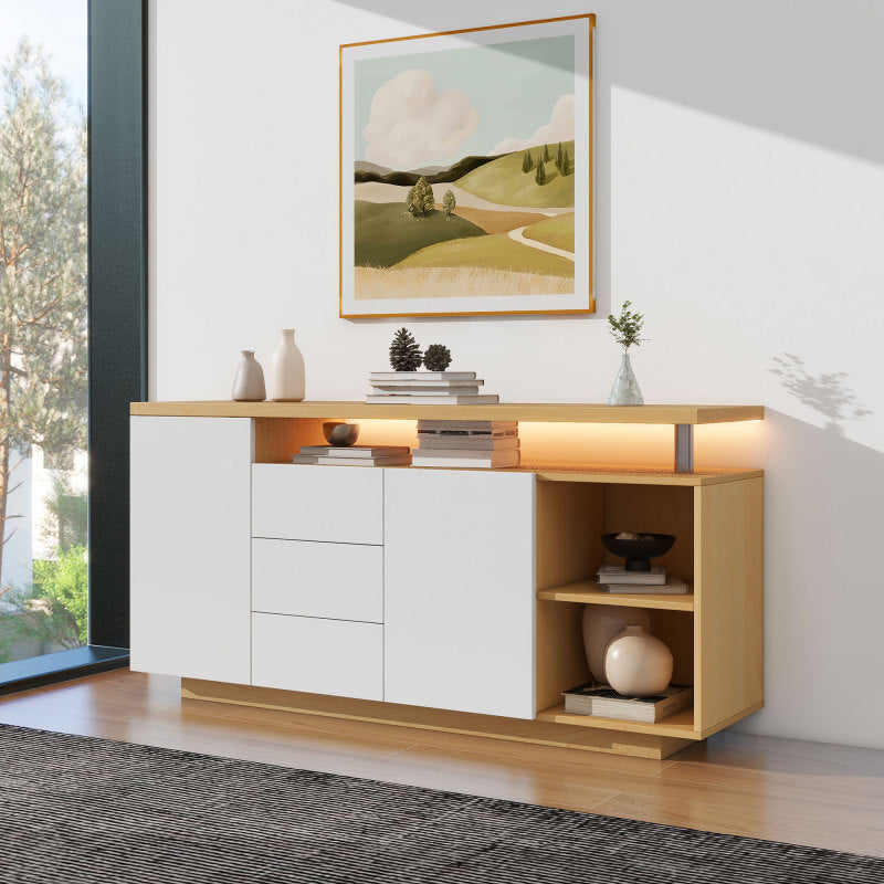 Multifunktionales Sideboard, Länge 140 cm, weiß und Holzimitat - 2 Türen, 3 Schubladen, 2 offene Fächer, mit LED-Beleuchtung