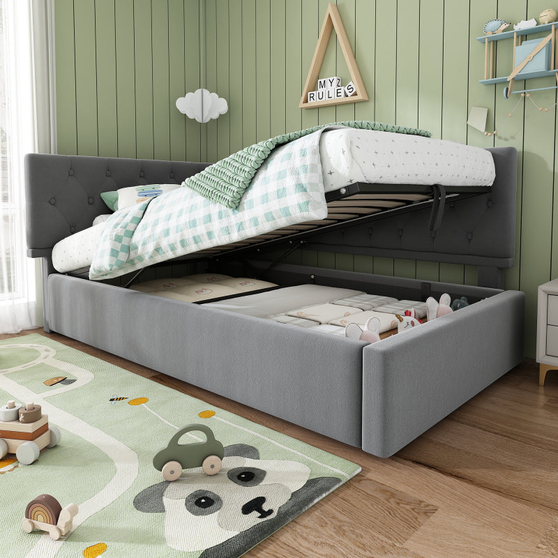 Polsterbett Tagesbett Daybett 90x200cm, Schlafsofa mit hydraulischem Stauraum, Kinderbett Jugendbett Bettgestell mit Lattenrost aus Holz, Samt, Grau, ohne Matratze.