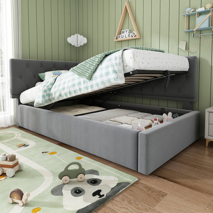 Polsterbett Tagesbett Daybett 90x200cm, Schlafsofa mit hydraulischem Stauraum, Kinderbett Jugendbett Bettgestell mit Lattenrost aus Holz, Samt, Grau, ohne Matratze.