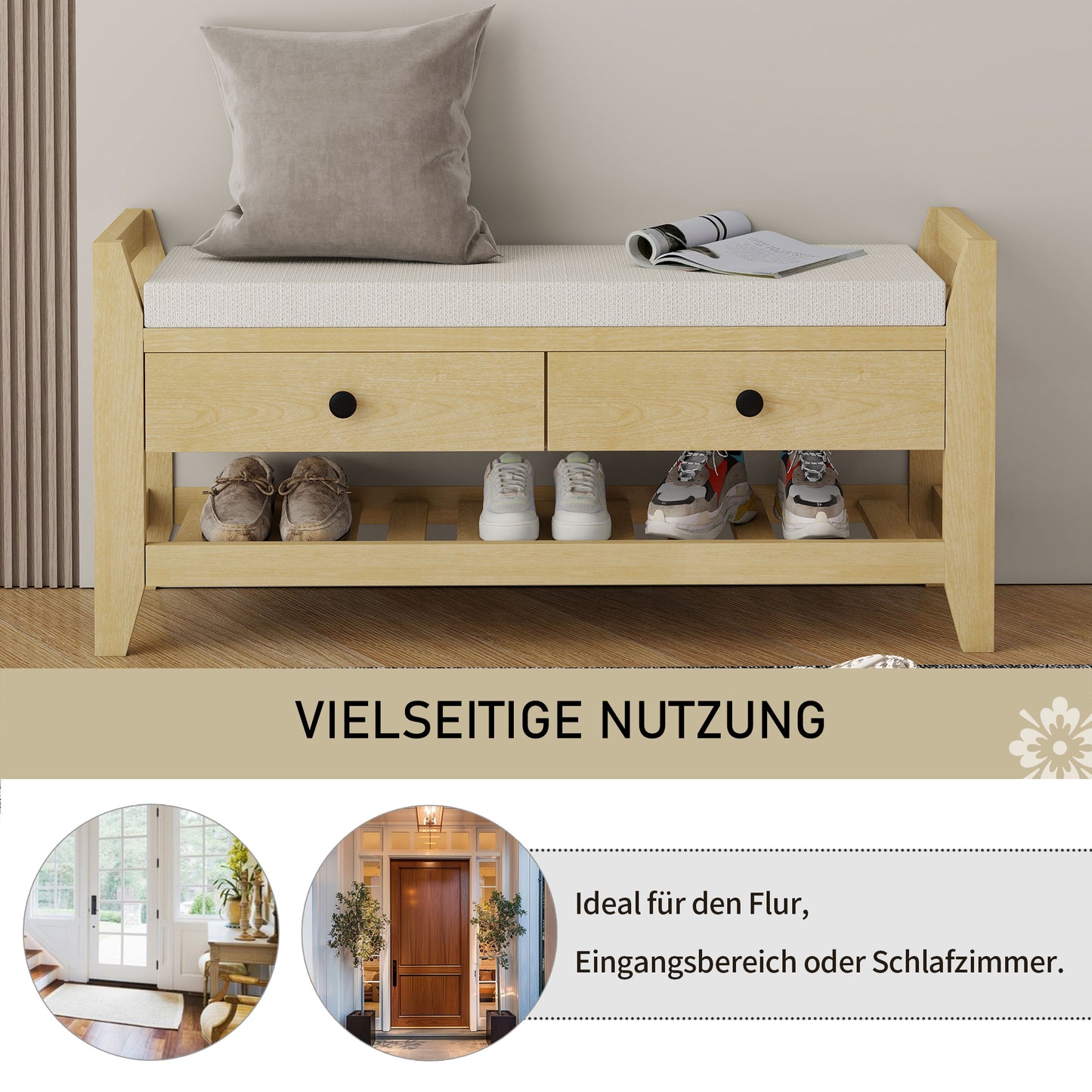 Moderne Schuhbank mit Sitzfläche und Stauraum, Soft Kissen-Oberfläche, Schuhregal für Eingangsbereich, Natur