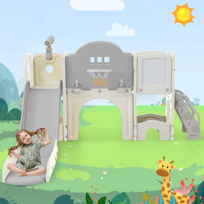 10 in 1 Kinderrutsche Kletterspielzeug, Multifunktionsrutsche Rutschen, freistehende Rutsche, Klettern, Bohrspiel, Stauraum, Spielkorridor, Basketballkorb, Lasso-Spiel, Reißbrett, Golfspiel, Teleskop.