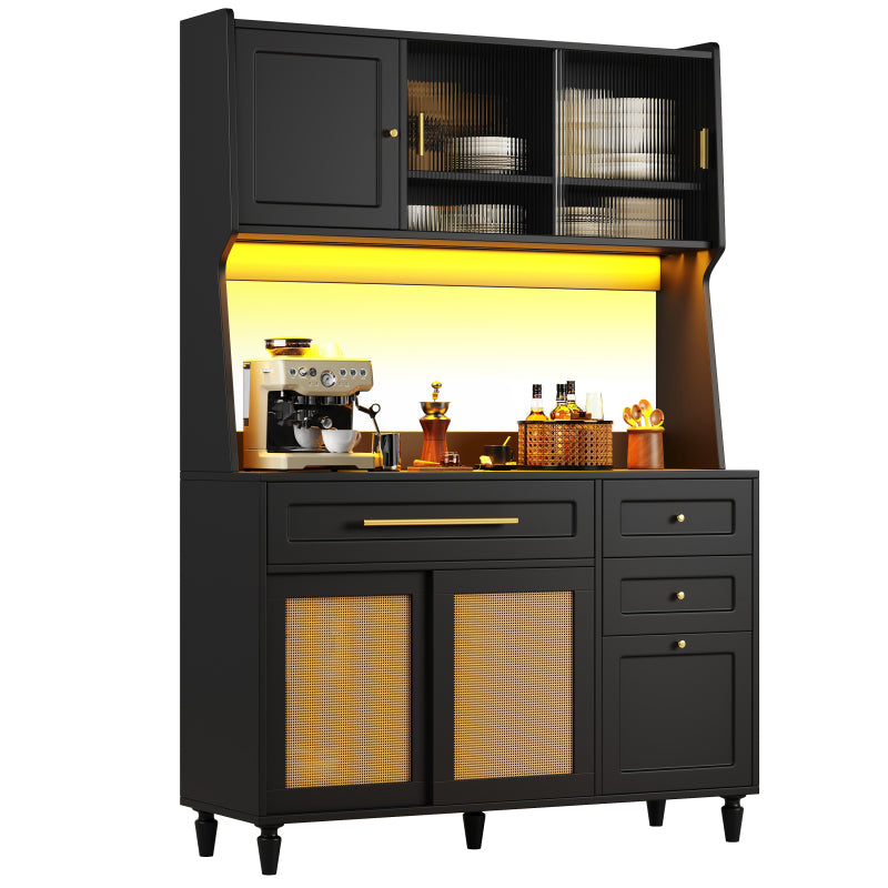 Küchenschrank, Esszimmerschrank mit 3 Schubladen,Sideboard mit LED-Beleuchtung, PE-rattan, schwarz