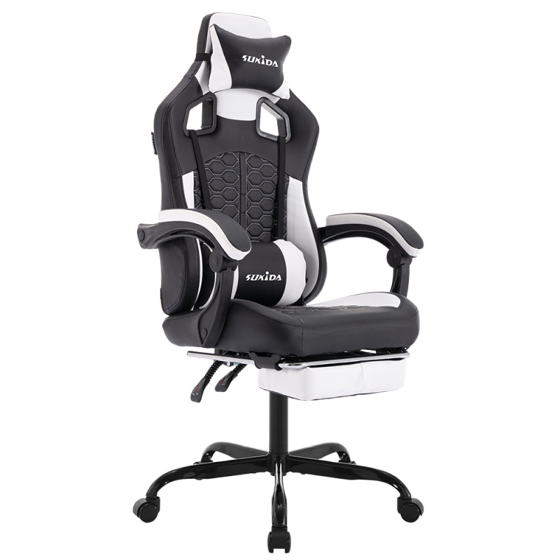 Gaming Stuhl, Ergonomischer Gaming-Stuhl mit Fußstütze, Racing Gaming Chair Kopfstütze Verstellbarer Computerstuhl Höhenverstellbar Lendenwirbelstütze für Homeoffice und Gaming Beige