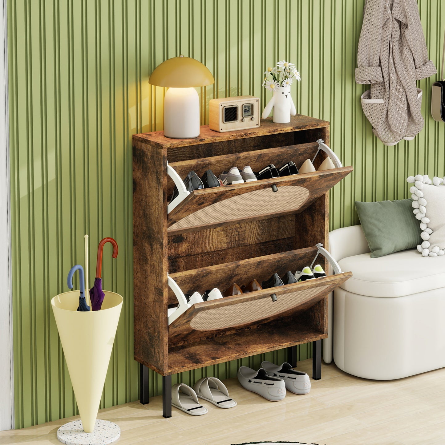 Schuhschrank mit zwei Türen, austauschbaren halbrunden Türfronten und Rattan-Oberfläche, geeignet für den Eingangsbereich und andere Szenen, Vintage-Braun