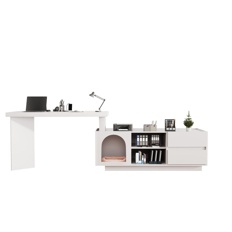 Eckschreibtisch mit integriertem Tierhaus, L-förmig oder einteilig, flexible Montage, Eckschreibtisch für Home Office mit XL-Tierhöhle, White