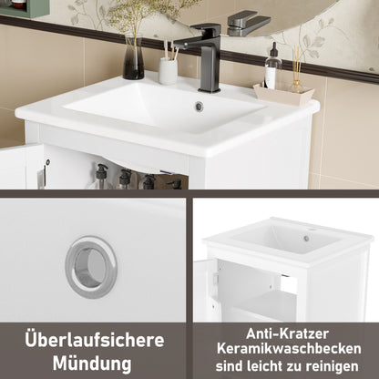 51x46x85cm Bodenstehender Badezimmerschrank mit Waschbe, Waschtisch,komplett lackiert, Türablage, geräuschlose Schublade mit großem Fassungsvermögen, verstellbares Regal, Keramikwaschbecken, weiß