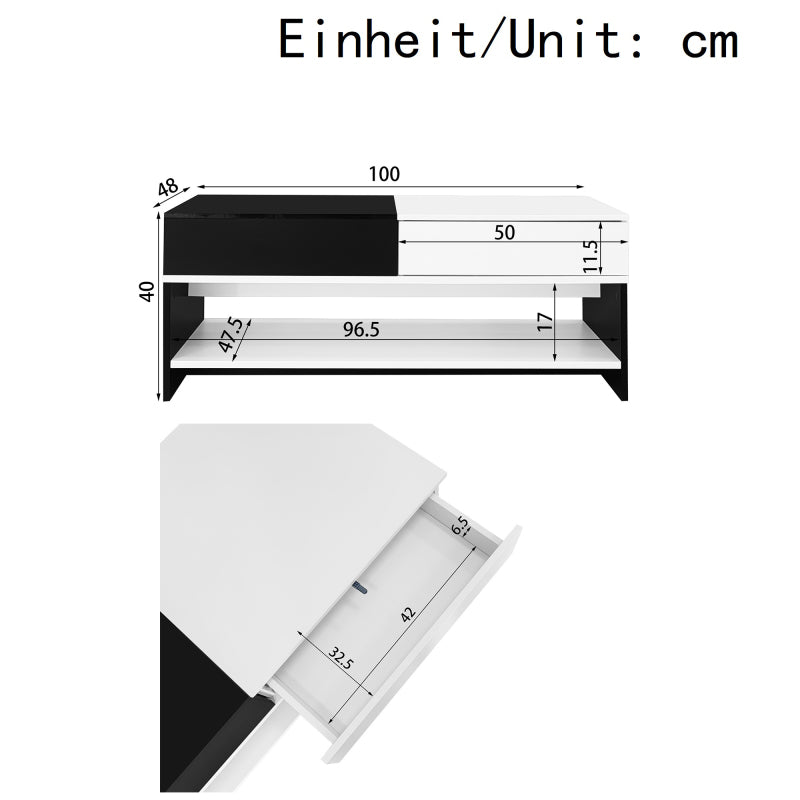 Moderner Couchtisch mit 2 Schubladen – Schwarz-Weiß-Design, Stauraum, Hochglanz-Tischplatte, 100 cm lang