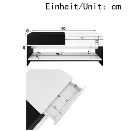 Moderner Couchtisch mit 2 Schubladen – Schwarz-Weiß-Design, Stauraum, Hochglanz-Tischplatte, 100 cm lang