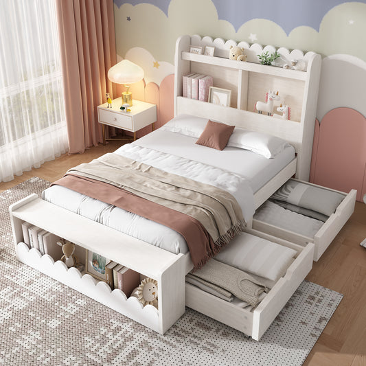 Kinderbett Einzelbett Stauraumbett mit Schubladen, Regal und Sitzbank mit Stauraum, Holzbett 90x190 cm, Weiß mit Eichefarben (Ohne Matratze)