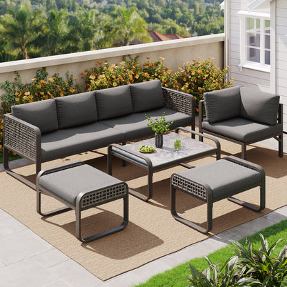 Garten-Lounge-Set, Rattan-Möbel-Set für 6-7 Personen, Ecksofa mit verzinktem Eisengestell, verstellbare Beine, inklusive aller Sitz- und Rückenkissen, grau