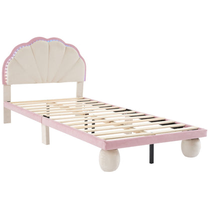 Polsterbett mit mehrfarbigen, wechselnden LED Lichtstreifen, Kopfteil mit Wellenschliff, mit gepolsterter runden Beine, Kinderbett mit Holzlatten, Einzelbett, Samt, Beige+Rosa, 90x200cm