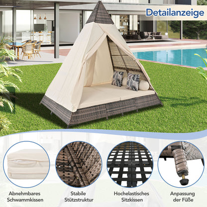 Gartenlounge-Set, Rattanzelt, geeignet für 2–4 Personen, inklusive aller Sitzkissen und Kissen, graues Rattan, beiger Türvorhang, Sitzkissen mit Reißverschluss, daher abnehmbar und waschbar