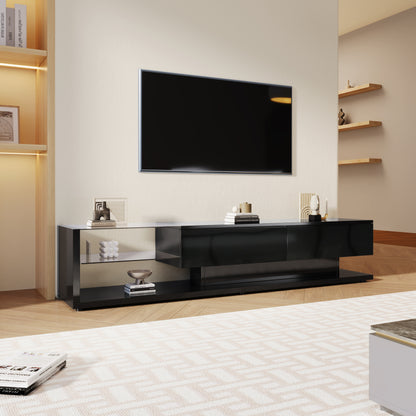 TV-Schränke, Lowboards, Hochglanz-Wohnzimmermöbel. Glastrennwände und variable LED-Beleuchtung. Es verbindet natürlichen, rustikalen Stil mit modernem Design.