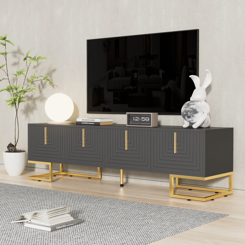 TV-Schrank,lowboard mit strukturierter Tür, TV-Möbel, goldenen Griffen und goldenen Füßen.